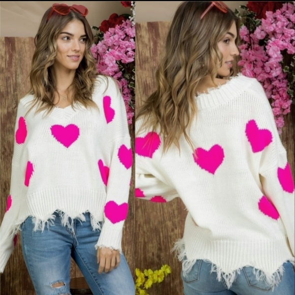 Boutique Sweaters - New Heart  Embellished Off Shoulder Knit Sweater